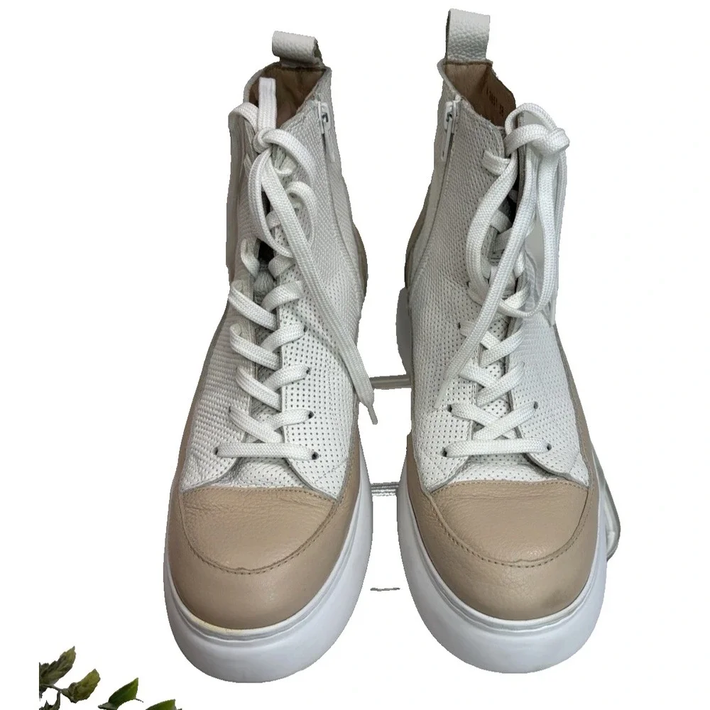 Wonders High Top Sneakers Trainers Womens White Tan Zip Lace Up Size 38 EU 8 US